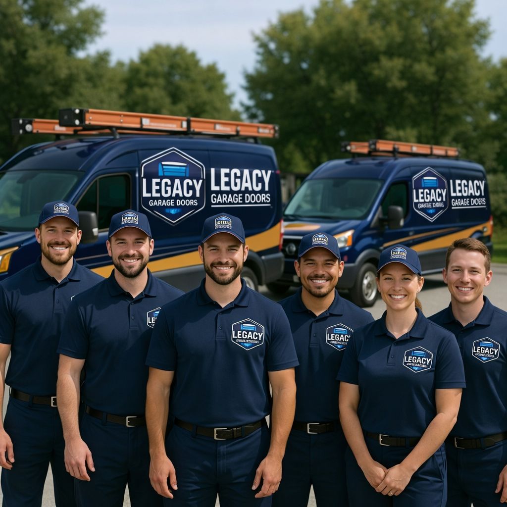 Bob's Garage Doors professional team standing in front of service vans